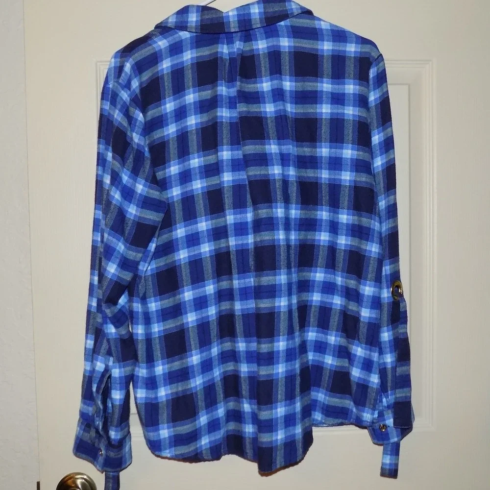 Michael Kors Plaid Tunic Women‎ Size L Blue Half Zip Roll Tab Sleeve Excellent